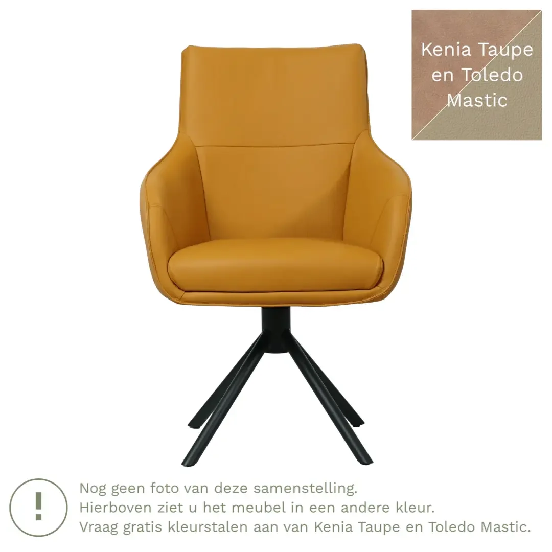 afbeelding van Leren draaibare eetkamerstoel Fancy Duo - Kenia Taupe en Toledo Mastic - Spinpoot staal rond zwart