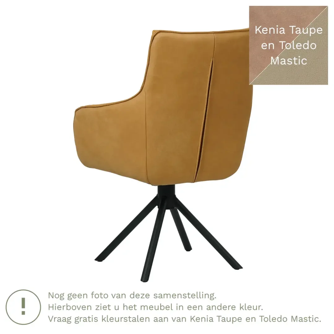 afbeelding van Leren draaibare eetkamerstoel Fancy Duo - Kenia Taupe en Toledo Mastic - Spinpoot staal rond zwart