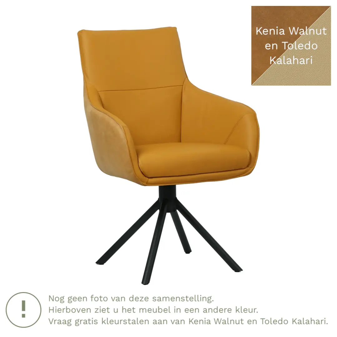 afbeelding van Leren draaibare eetkamerstoel Fancy Duo - Kenia Walnut en Toledo Kalahari - Spinpoot staal rond zwart