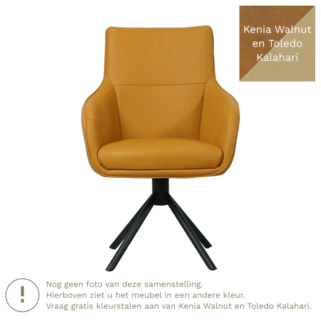 afbeelding van Leren draaibare eetkamerstoel Fancy Duo - Kenia Walnut en Toledo Kalahari - Spinpoot staal rond zwart