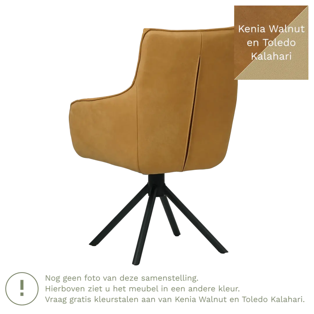 afbeelding van Leren draaibare eetkamerstoel Fancy Duo - Kenia Walnut en Toledo Kalahari - Spinpoot staal rond zwart