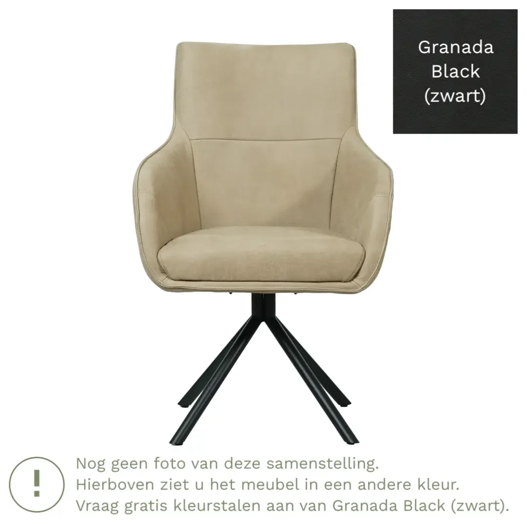 afbeelding van Leren draaibare eetkamerstoel Fancy - Granada Black (zwart) - Spinpoot staal rond zwart