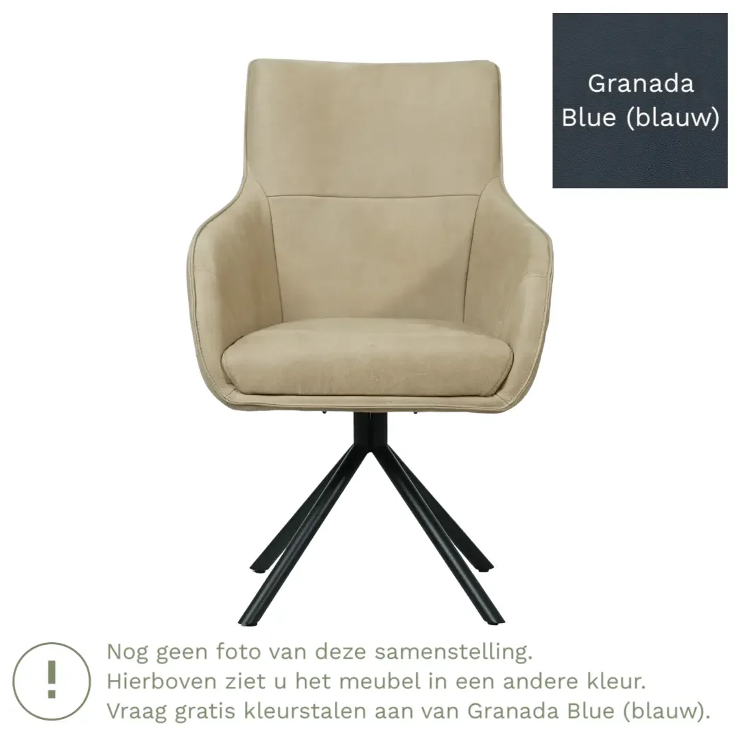 afbeelding van Leren draaibare eetkamerstoel Fancy - Granada Blue (blauw) - Spinpoot staal rond zwart