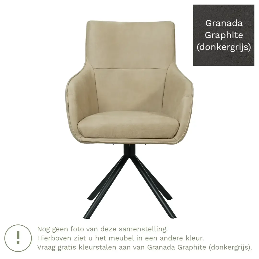 afbeelding van Leren draaibare eetkamerstoel Fancy - Granada Graphite (donkergrijs) - Spinpoot staal rond zwart