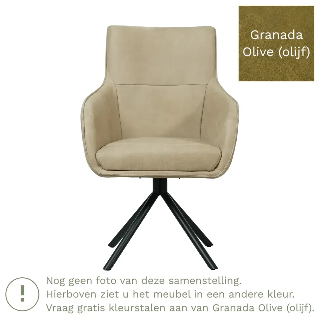 afbeelding van Leren draaibare eetkamerstoel Fancy - Granada Olive (olijf) - Spinpoot staal rond zwart