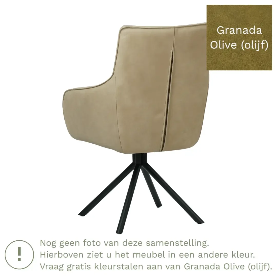 afbeelding van Leren draaibare eetkamerstoel Fancy - Granada Olive (olijf) - Spinpoot staal rond zwart