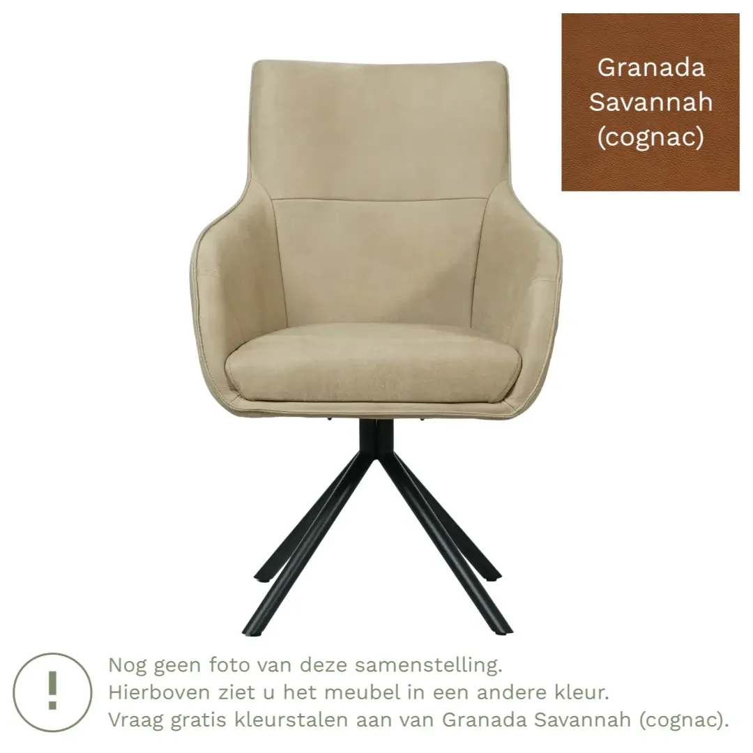 afbeelding van Leren draaibare eetkamerstoel Fancy - Granada Savannah (cognac) - Spinpoot staal rond zwart