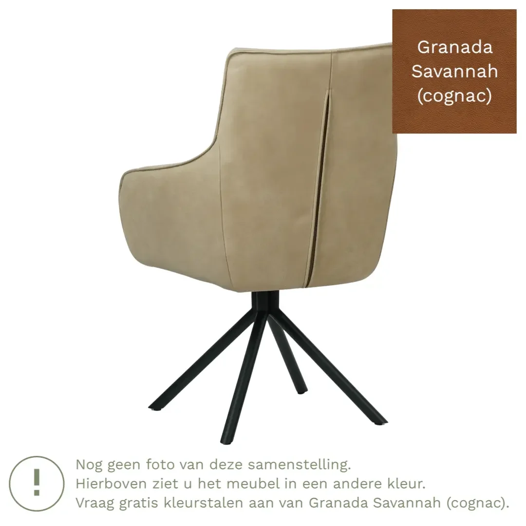 afbeelding van Leren draaibare eetkamerstoel Fancy - Granada Savannah (cognac) - Spinpoot staal rond zwart