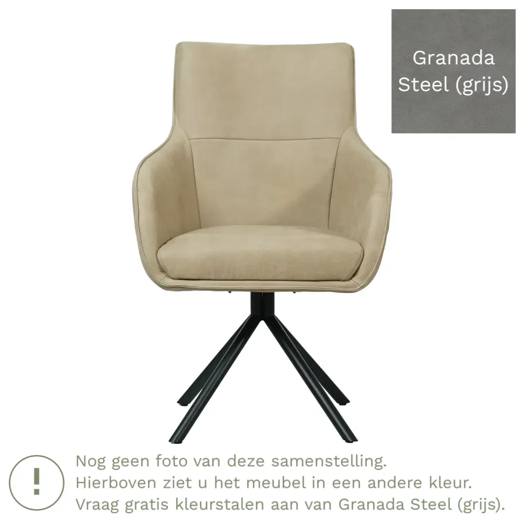 afbeelding van Leren draaibare eetkamerstoel Fancy - Granada Steel (grijs) - Spinpoot staal rond zwart