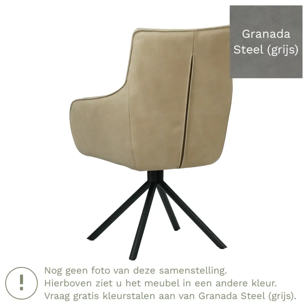afbeelding van Leren draaibare eetkamerstoel Fancy - Granada Steel (grijs) - Spinpoot staal rond zwart