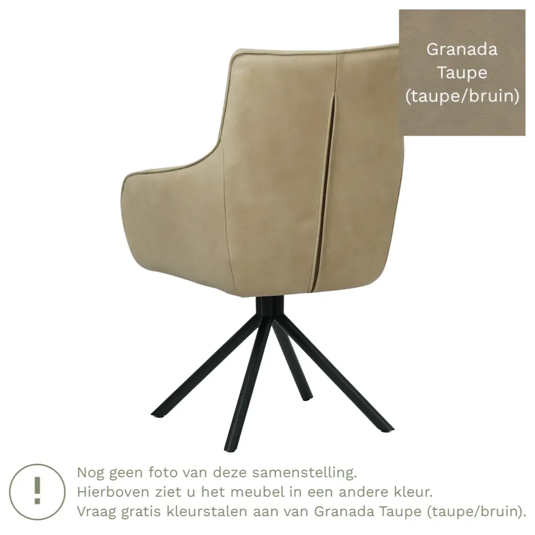 afbeelding van Leren draaibare eetkamerstoel Fancy - Granada Taupe (taupe/bruin) - Spinpoot staal rond zwart