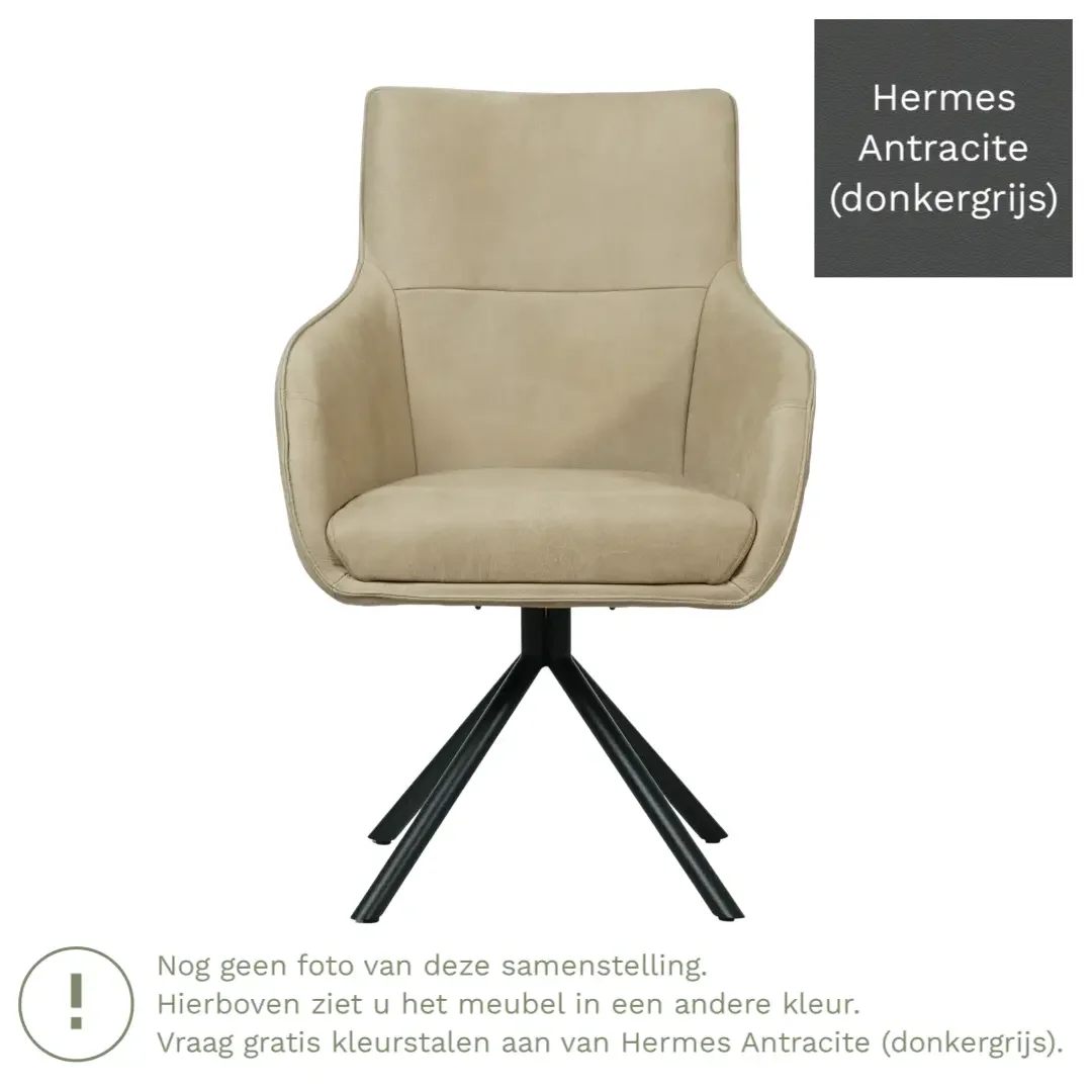 afbeelding van Leren draaibare eetkamerstoel Fancy - Hermes Antracite (donkergrijs) - Spinpoot staal rond zwart