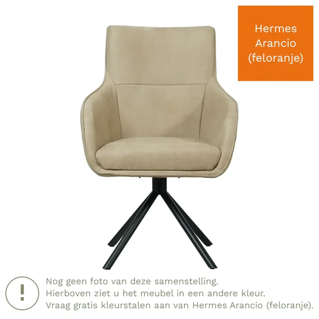 afbeelding van Leren draaibare eetkamerstoel Fancy - Hermes Arancio (feloranje) - Spinpoot staal rond zwart