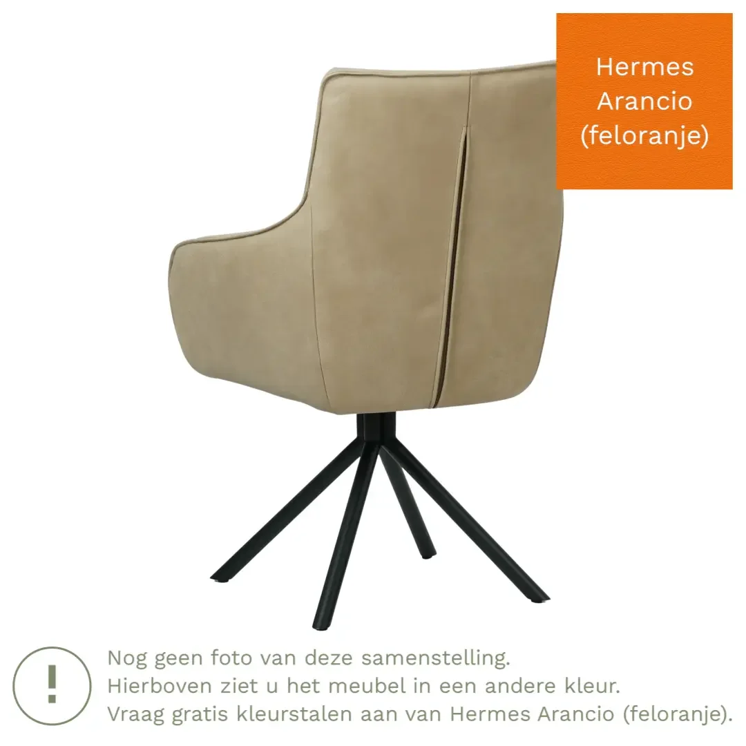afbeelding van Leren draaibare eetkamerstoel Fancy - Hermes Arancio (feloranje) - Spinpoot staal rond zwart
