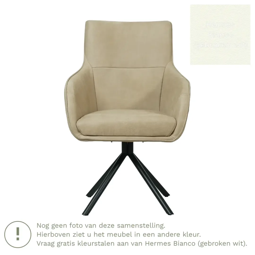 afbeelding van Leren draaibare eetkamerstoel Fancy - Hermes Bianco (gebroken wit) - Spinpoot staal rond zwart