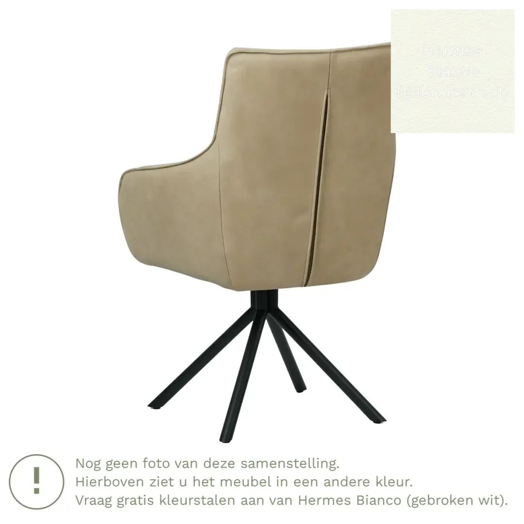 afbeelding van Leren draaibare eetkamerstoel Fancy - Hermes Bianco (gebroken wit) - Spinpoot staal rond zwart