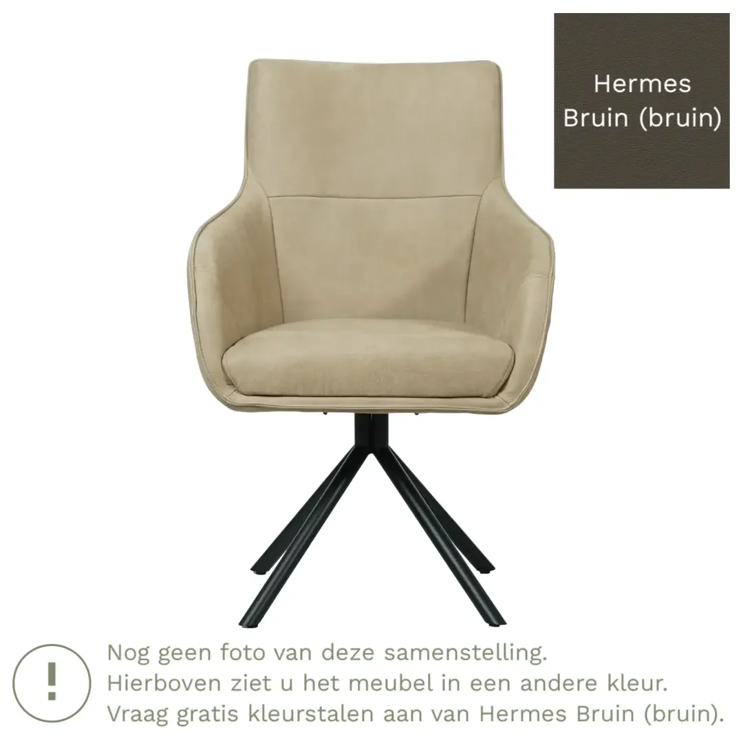 afbeelding van Leren draaibare eetkamerstoel Fancy - Hermes Bruin (bruin) - Spinpoot staal rond zwart