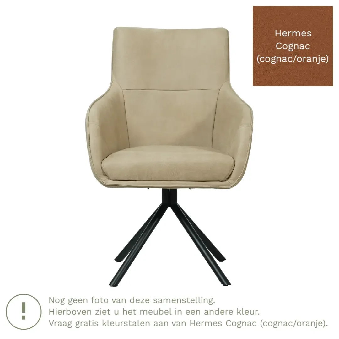 afbeelding van Leren draaibare eetkamerstoel Fancy - Hermes Cognac (cognac/oranje) - Spinpoot staal rond zwart