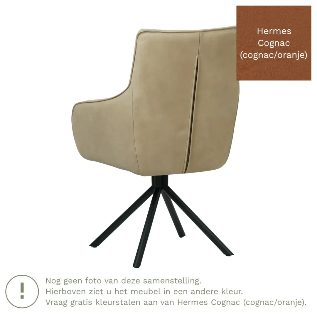 afbeelding van Leren draaibare eetkamerstoel Fancy - Hermes Cognac (cognac/oranje) - Spinpoot staal rond zwart