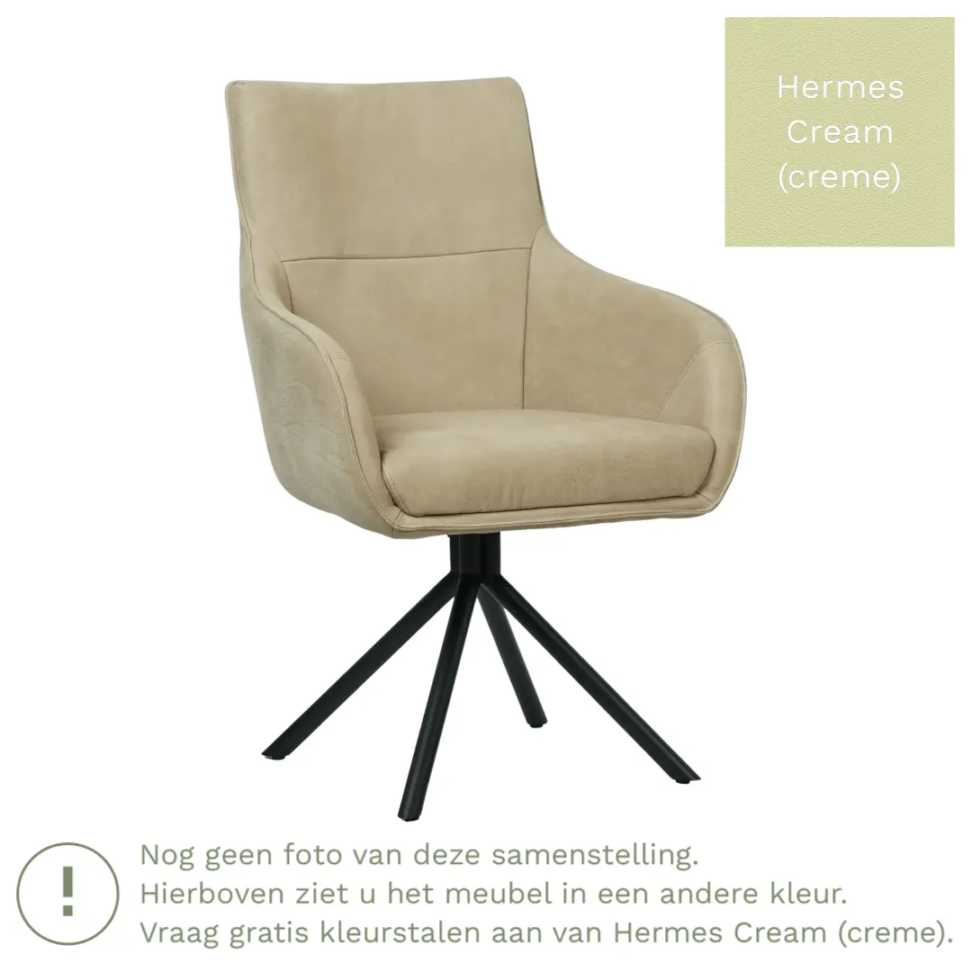 afbeelding van Leren draaibare eetkamerstoel Fancy - Hermes Cream (crème) - Spinpoot staal rond zwart