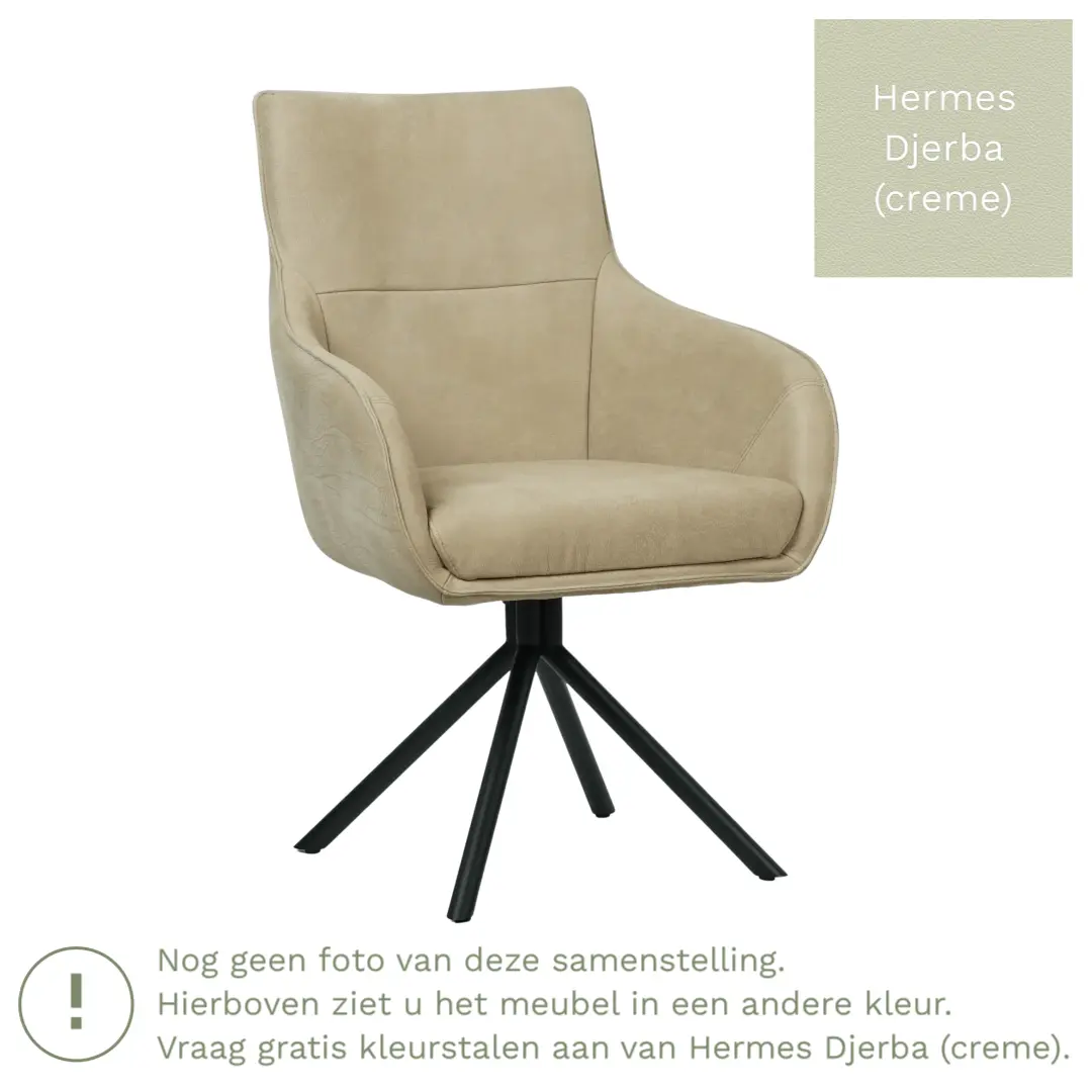 afbeelding van Leren draaibare eetkamerstoel Fancy - Hermes Djerba (crème) - Spinpoot staal rond zwart