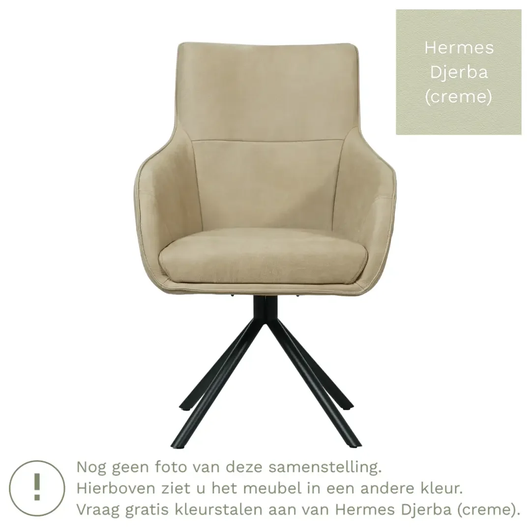 afbeelding van Leren draaibare eetkamerstoel Fancy - Hermes Djerba (crème) - Spinpoot staal rond zwart