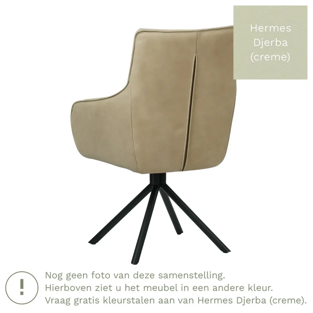 afbeelding van Leren draaibare eetkamerstoel Fancy - Hermes Djerba (crème) - Spinpoot staal rond zwart