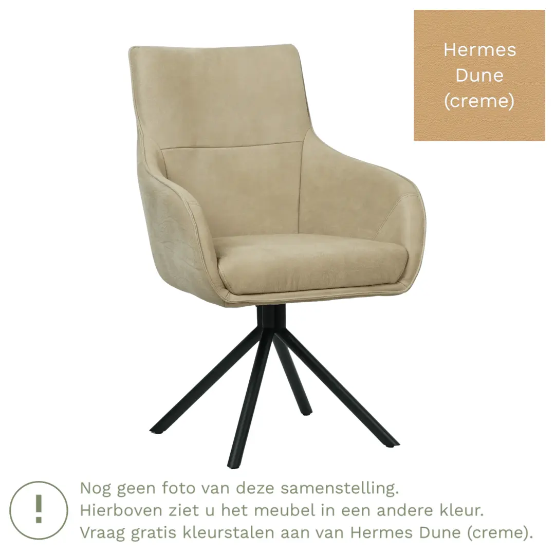 afbeelding van Leren draaibare eetkamerstoel Fancy - Hermes Dune (crème) - Spinpoot staal rond zwart