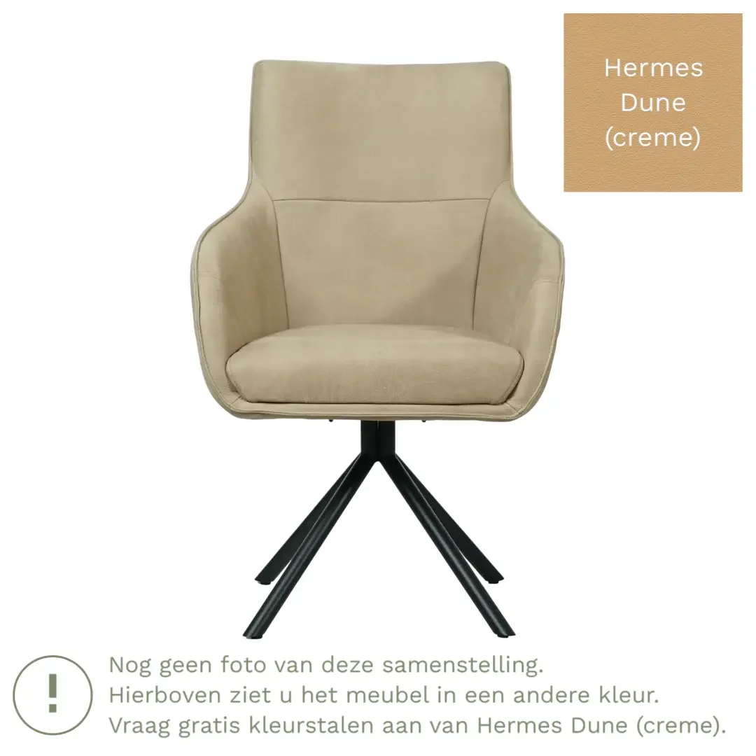 afbeelding van Leren draaibare eetkamerstoel Fancy - Hermes Dune (crème) - Spinpoot staal rond zwart
