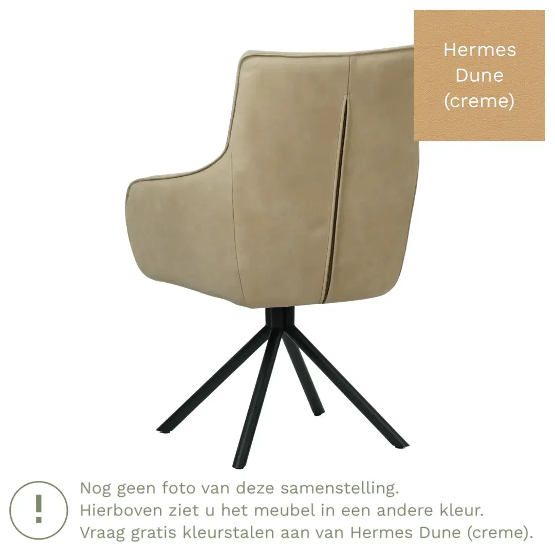 afbeelding van Leren draaibare eetkamerstoel Fancy - Hermes Dune (crème) - Spinpoot staal rond zwart