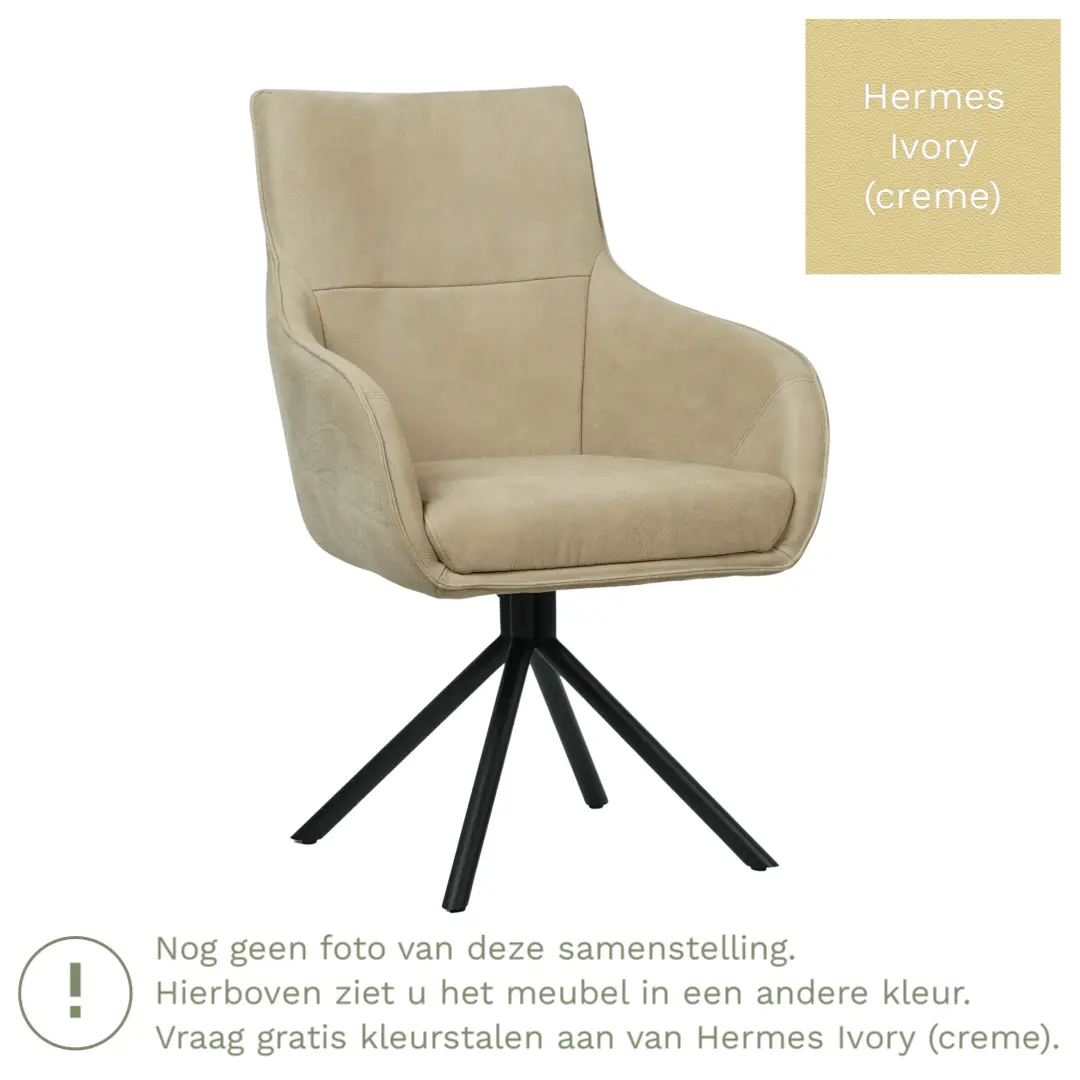 afbeelding van Leren draaibare eetkamerstoel Fancy - Hermes Ivory (crème) - Spinpoot staal rond zwart
