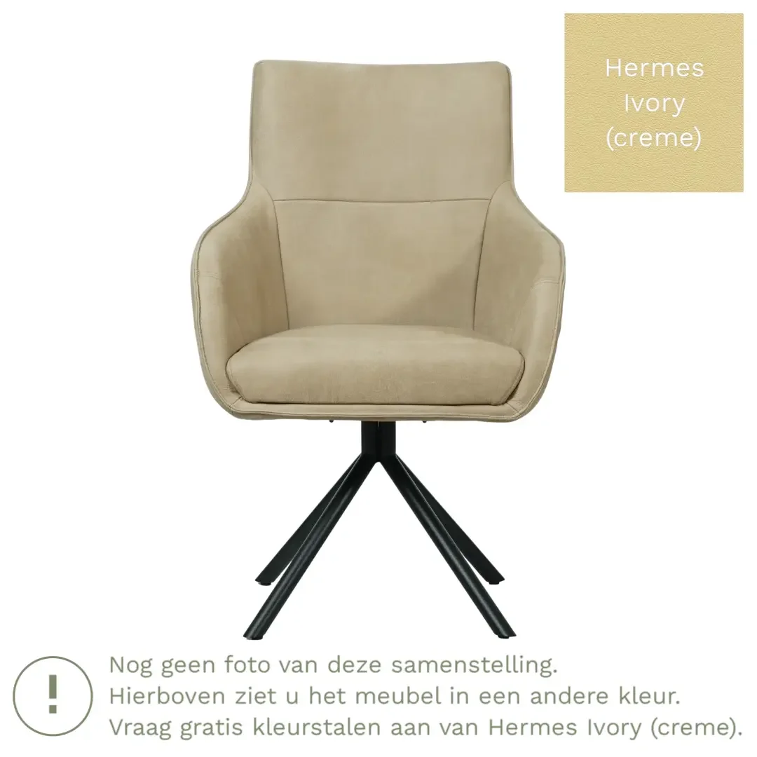 afbeelding van Leren draaibare eetkamerstoel Fancy - Hermes Ivory (crème) - Spinpoot staal rond zwart