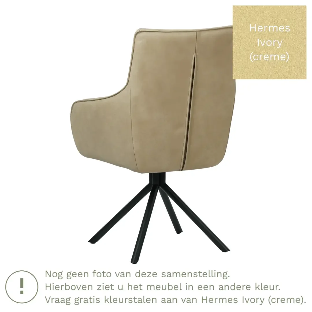 afbeelding van Leren draaibare eetkamerstoel Fancy - Hermes Ivory (crème) - Spinpoot staal rond zwart