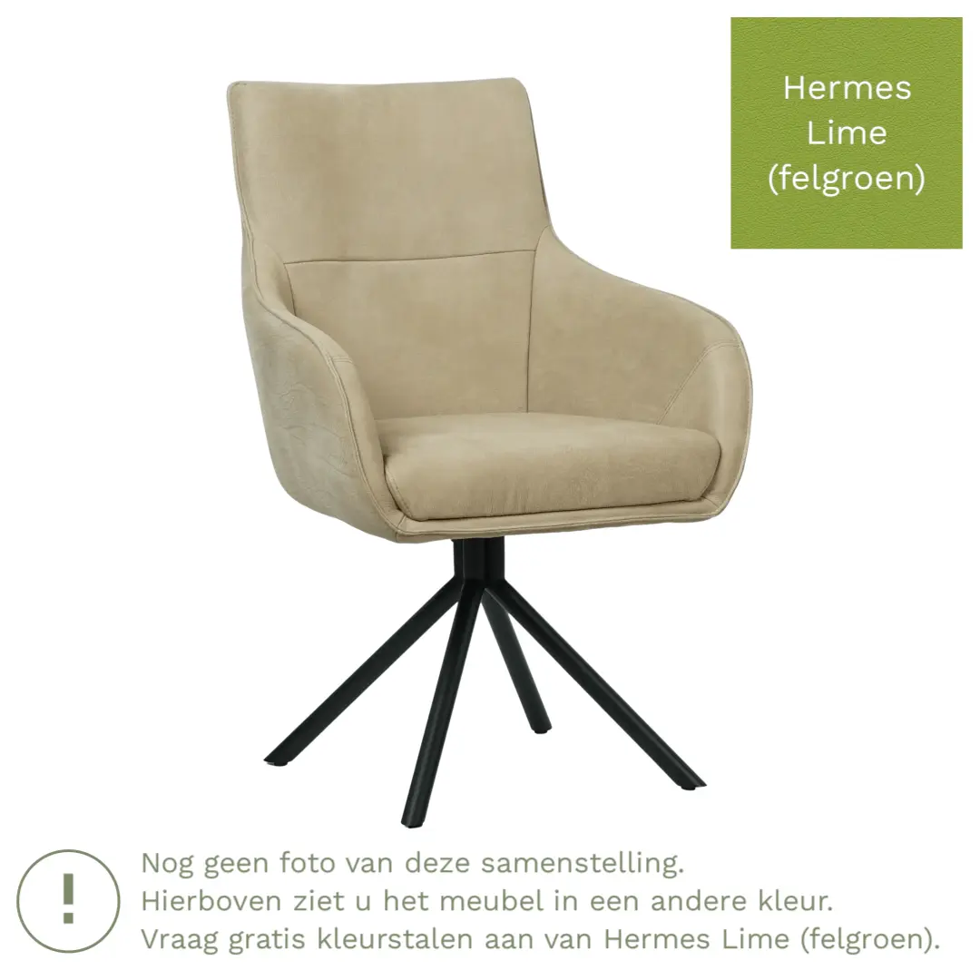 afbeelding van Leren draaibare eetkamerstoel Fancy - Hermes Lime (felgroen) - Spinpoot staal rond zwart