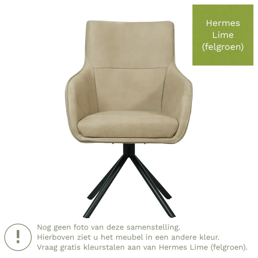 afbeelding van Leren draaibare eetkamerstoel Fancy - Hermes Lime (felgroen) - Spinpoot staal rond zwart