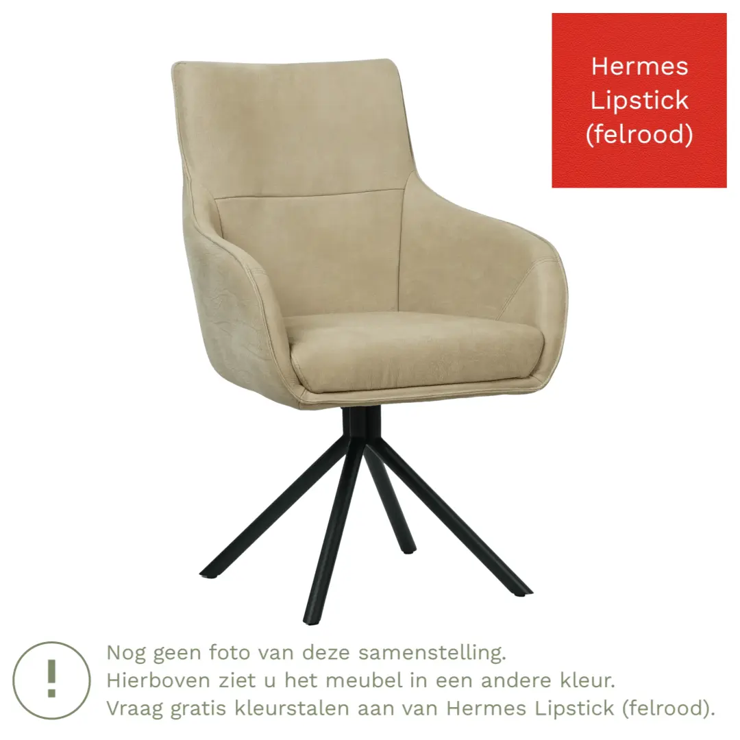 afbeelding van Leren draaibare eetkamerstoel Fancy - Hermes Lipstick (felrood) - Spinpoot staal rond zwart