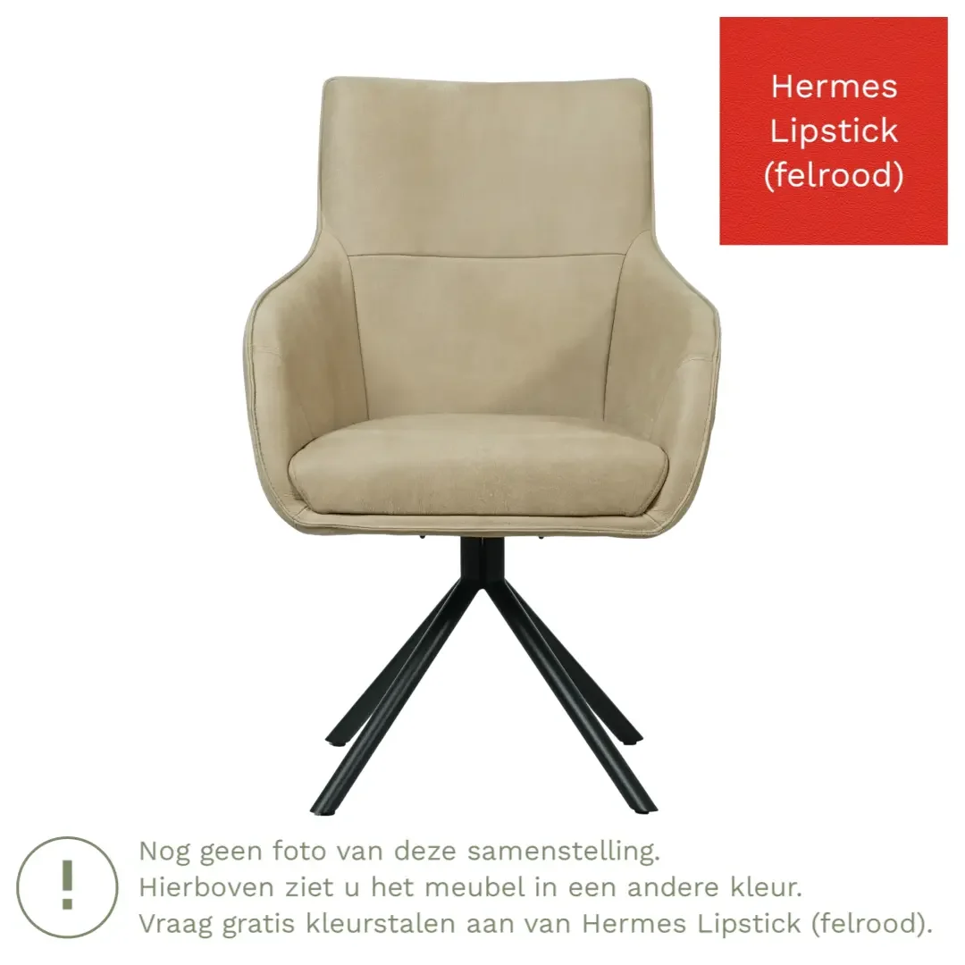 afbeelding van Leren draaibare eetkamerstoel Fancy - Hermes Lipstick (felrood) - Spinpoot staal rond zwart