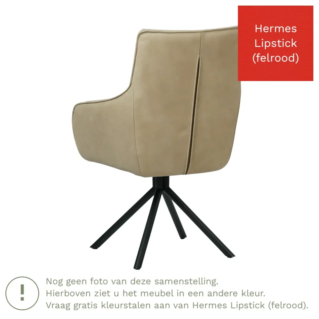 afbeelding van Leren draaibare eetkamerstoel Fancy - Hermes Lipstick (felrood) - Spinpoot staal rond zwart