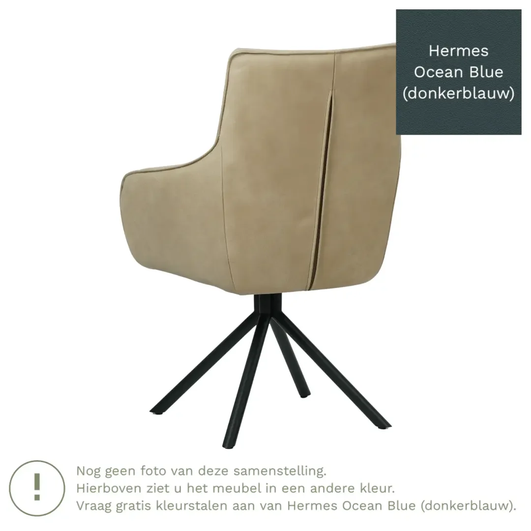 afbeelding van Leren draaibare eetkamerstoel Fancy - Hermes Ocean Blue (donkerblauw) - Spinpoot staal rond zwart