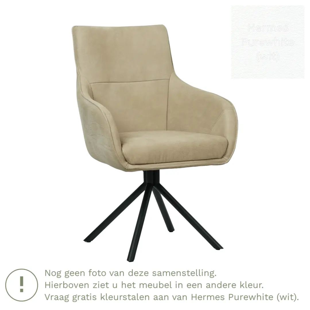 afbeelding van Leren draaibare eetkamerstoel Fancy - Hermes Purewhite (wit) - Spinpoot staal rond zwart