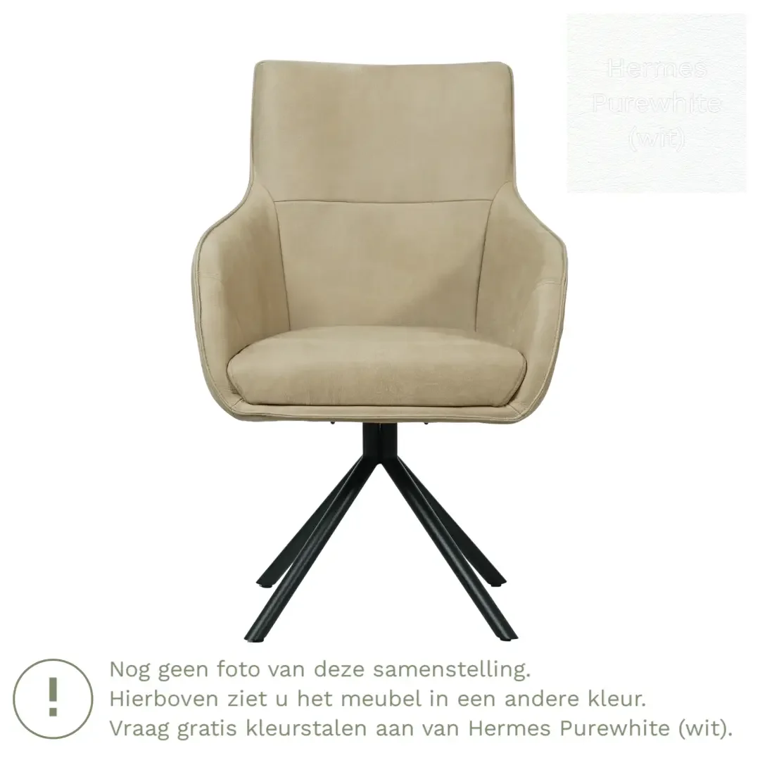 afbeelding van Leren draaibare eetkamerstoel Fancy - Hermes Purewhite (wit) - Spinpoot staal rond zwart