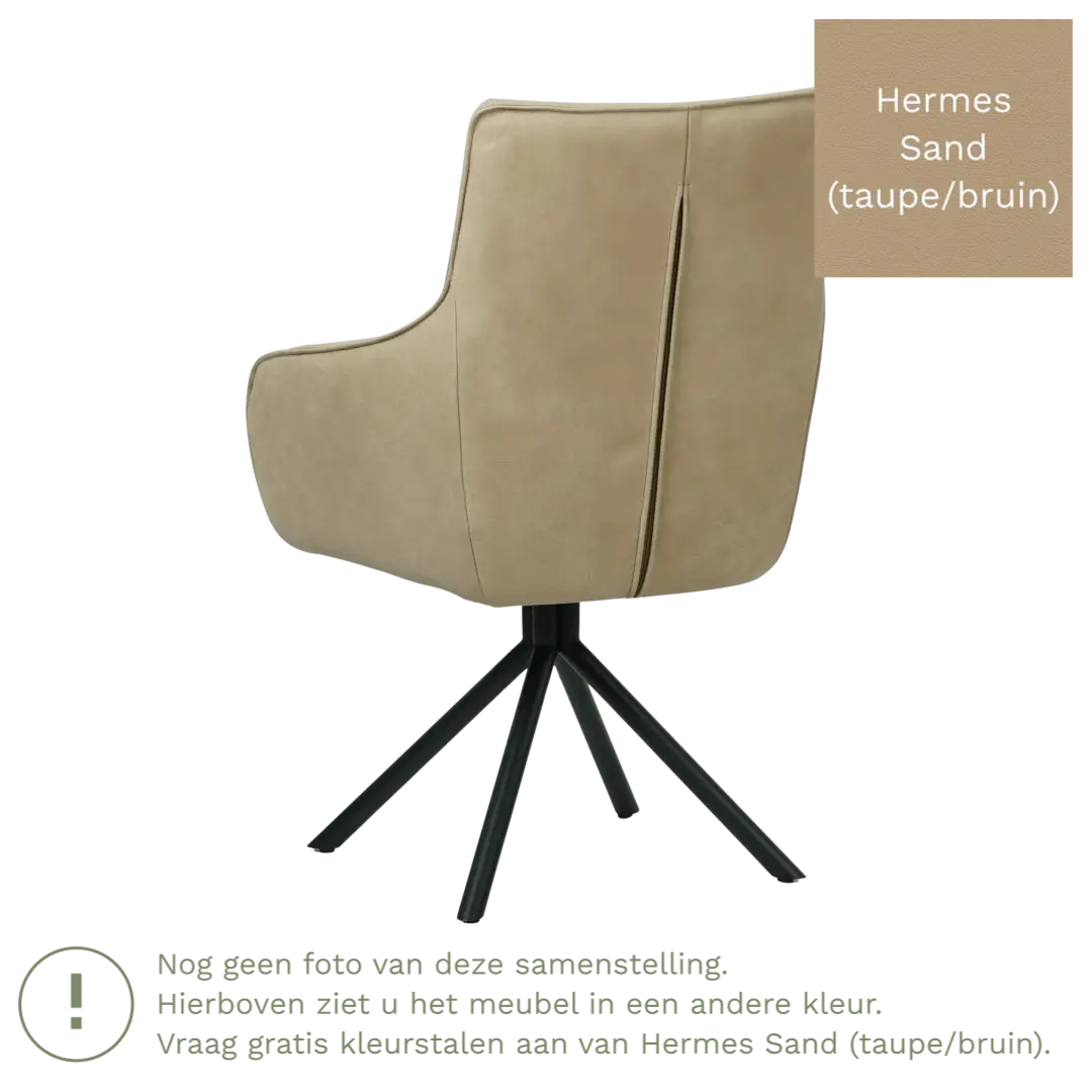 afbeelding van Leren draaibare eetkamerstoel Fancy - Hermes Sand (taupe/bruin) - Spinpoot staal rond zwart
