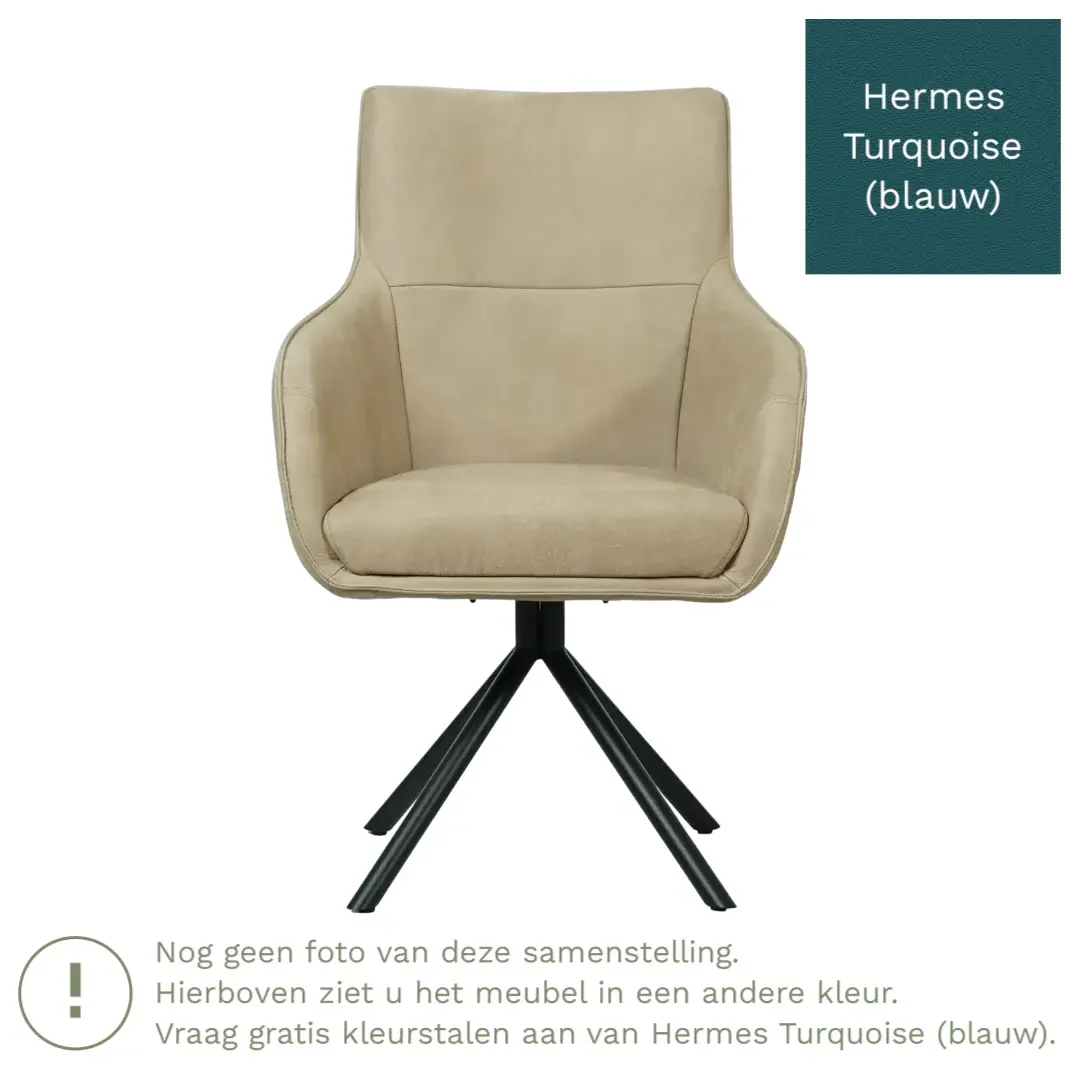afbeelding van Leren draaibare eetkamerstoel Fancy - Hermes Turquoise (blauw) - Spinpoot staal rond zwart