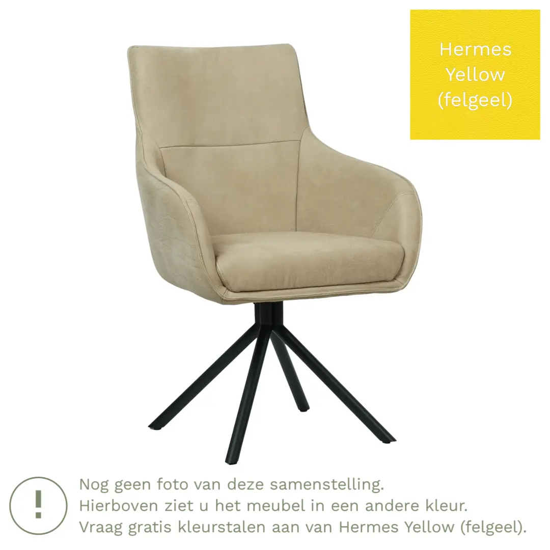 afbeelding van Leren draaibare eetkamerstoel Fancy - Hermes Yellow (felgeel) - Spinpoot staal rond zwart