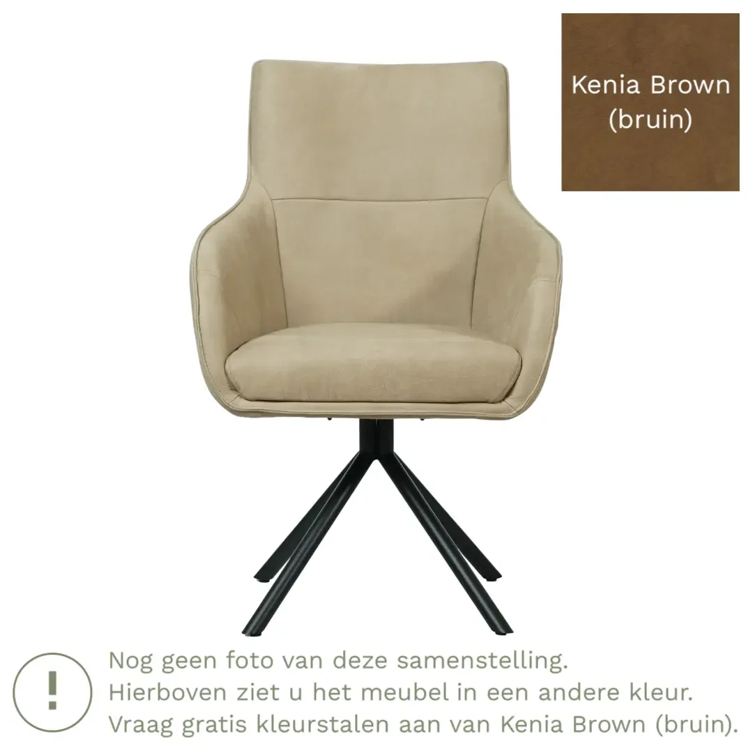 afbeelding van Leren draaibare eetkamerstoel Fancy - Kenia Brown (bruin) - Spinpoot staal rond zwart
