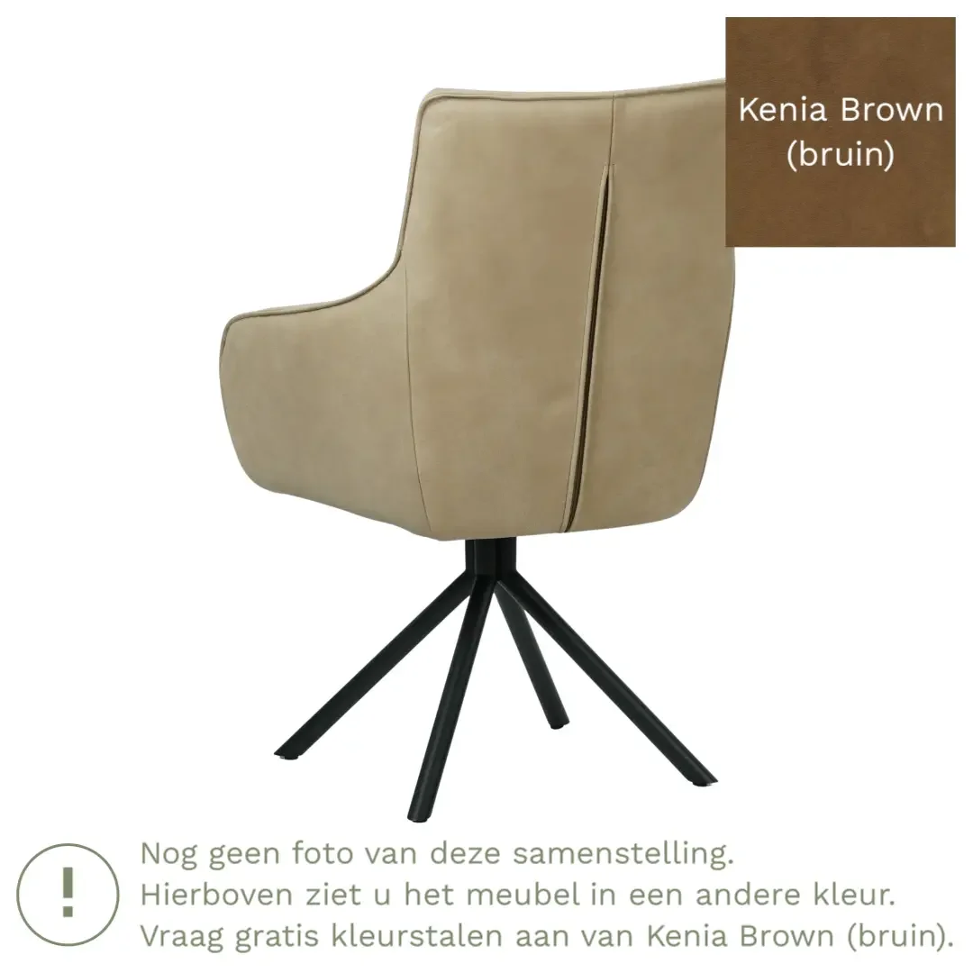 afbeelding van Leren draaibare eetkamerstoel Fancy - Kenia Brown (bruin) - Spinpoot staal rond zwart