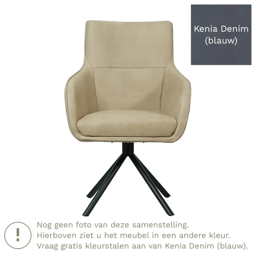 afbeelding van Leren draaibare eetkamerstoel Fancy - Kenia Denim (blauw) - Spinpoot staal rond zwart