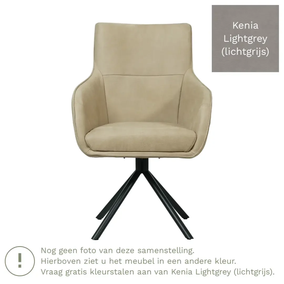 afbeelding van Leren draaibare eetkamerstoel Fancy - Kenia Lightgrey (lichtgrijs) - Spinpoot staal rond zwart