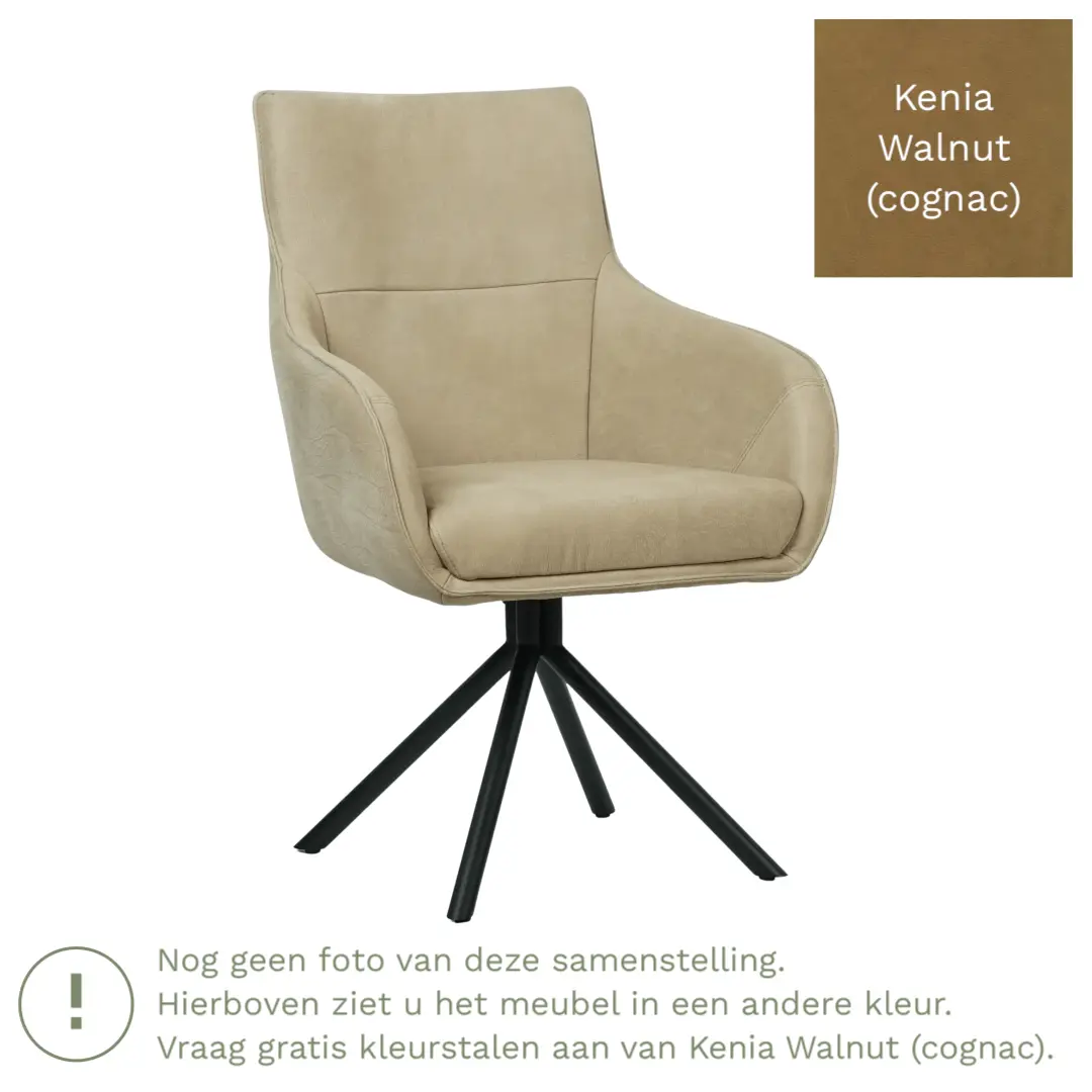 afbeelding van Leren draaibare eetkamerstoel Fancy - Kenia Walnut (cognac) - Spinpoot staal rond zwart