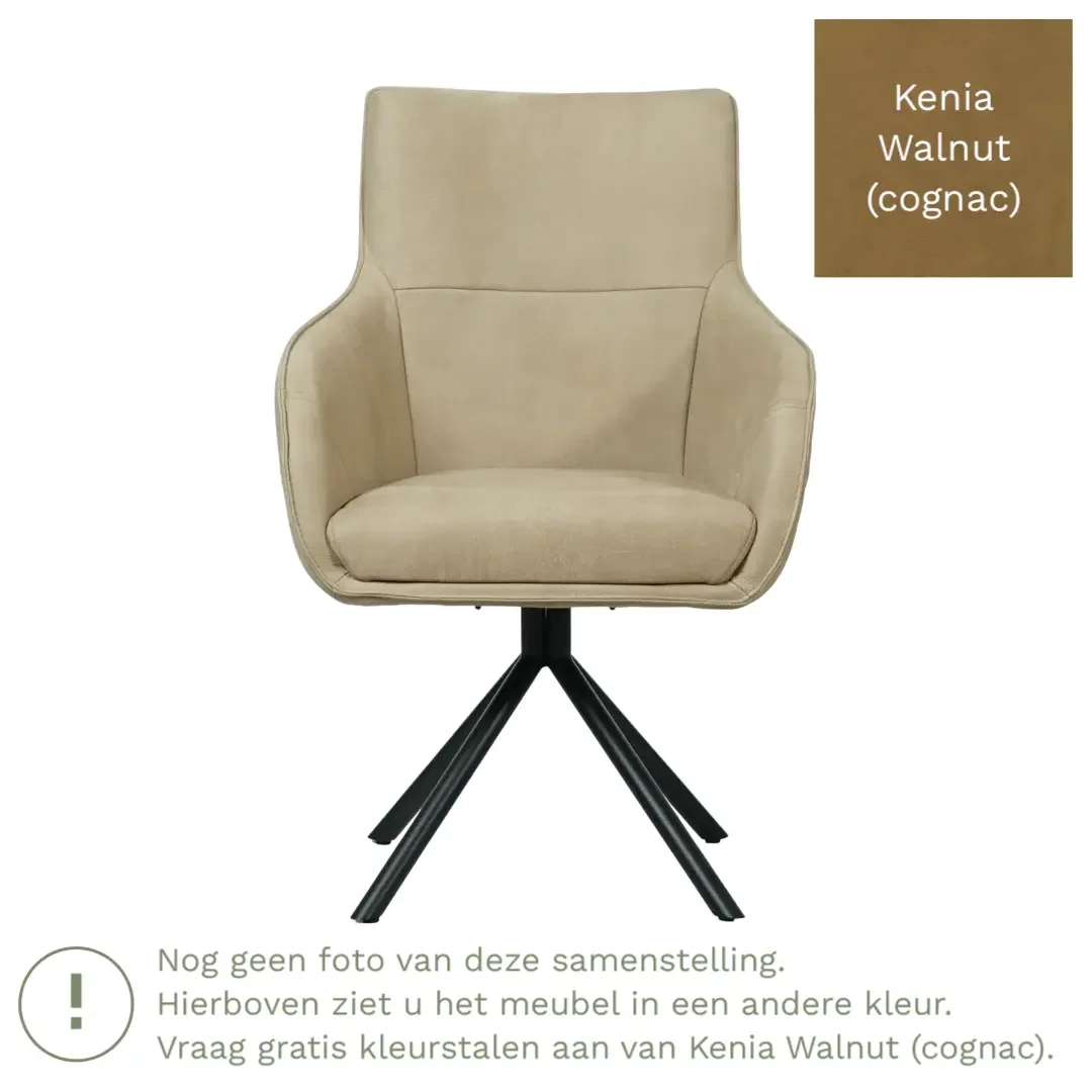 afbeelding van Leren draaibare eetkamerstoel Fancy - Kenia Walnut (cognac) - Spinpoot staal rond zwart
